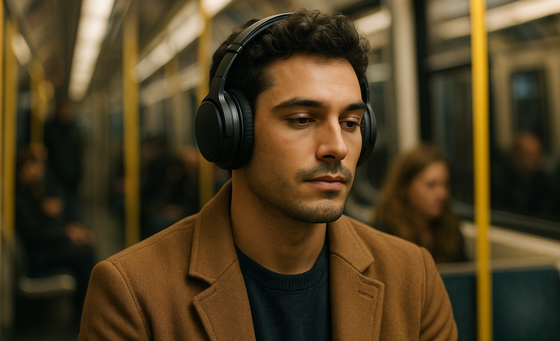 مردی با هدفون در قطار شلوغ، نمونه‌ای واقعی از کاربرد نویز کنسلینگ چیست.